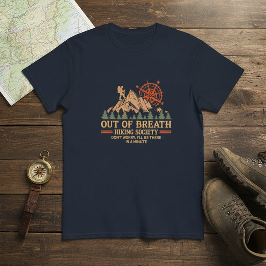 Navy hiking graphic T-shirt with cabin and compass emblem, crew neck