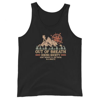 Black sleeveless tank top with camping graphic and “Out of Breath” text