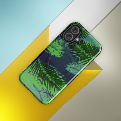 Green palm leaf phone case with dark navy stripe-style design and camera cutout