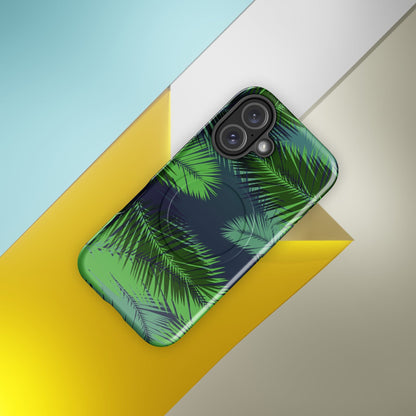 Palm leaf MagSafe case with blue-green foliage and dark navy geometric pattern