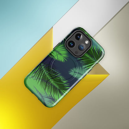 Tropical phone case with green palm leaves print, MagSafe ring, and dual-camera cutout