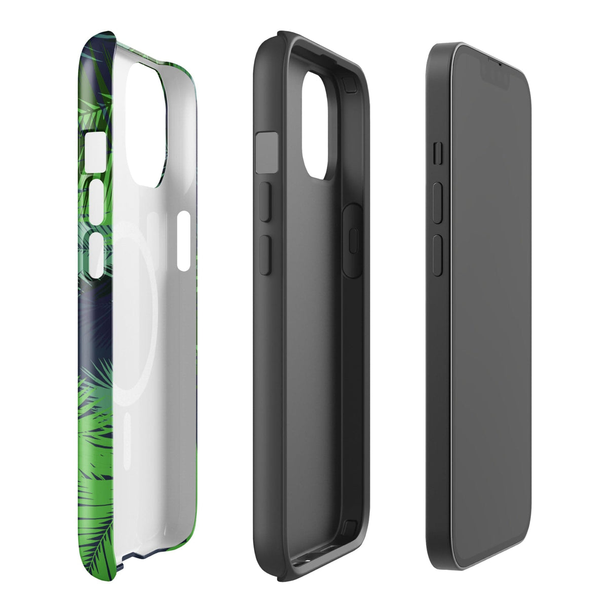 Rugged phone case shell showing clear back, dark frame sides, and solid back