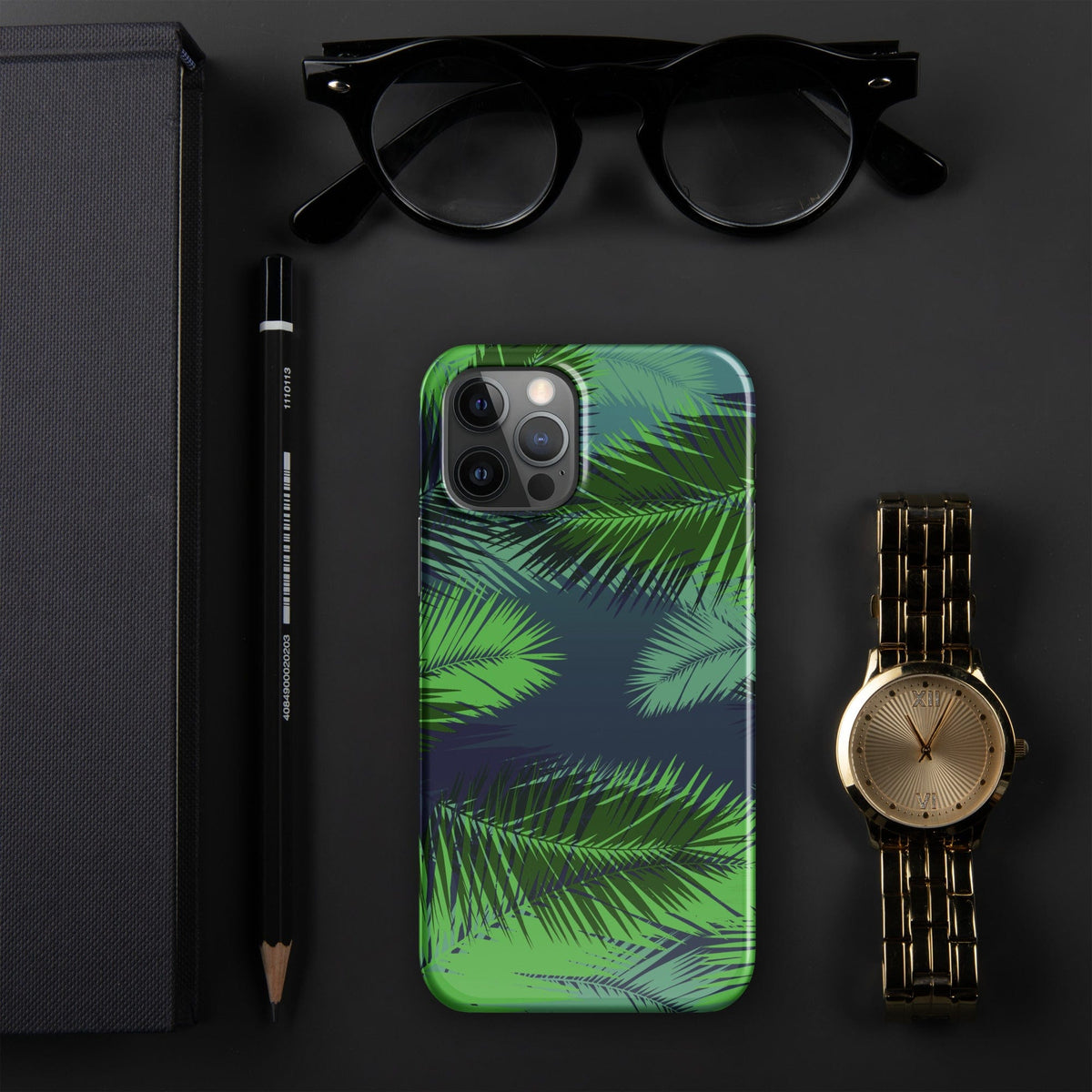 Palm leaf tropical iPhone snap case with green palm leaf artwork and camera cutouts