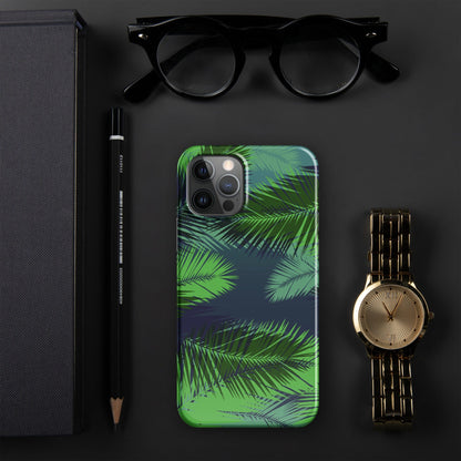 Palm leaf tropical iPhone snap case with green palm leaf artwork and camera cutouts