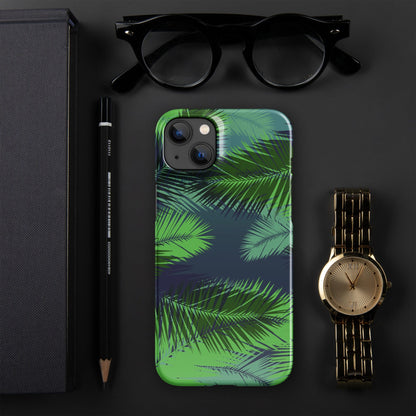 Palm leaf iPhone snap case, glossy back panel with camera cutout openings.