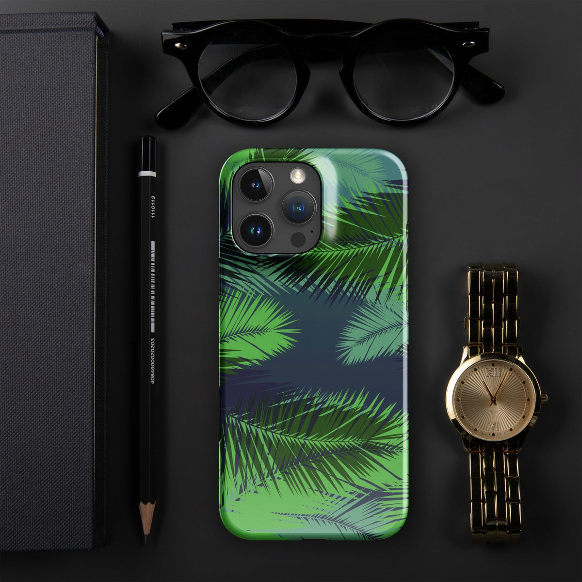 Palm-leaf tropical snap phone case for iPhone®, green leaf print with camera openings