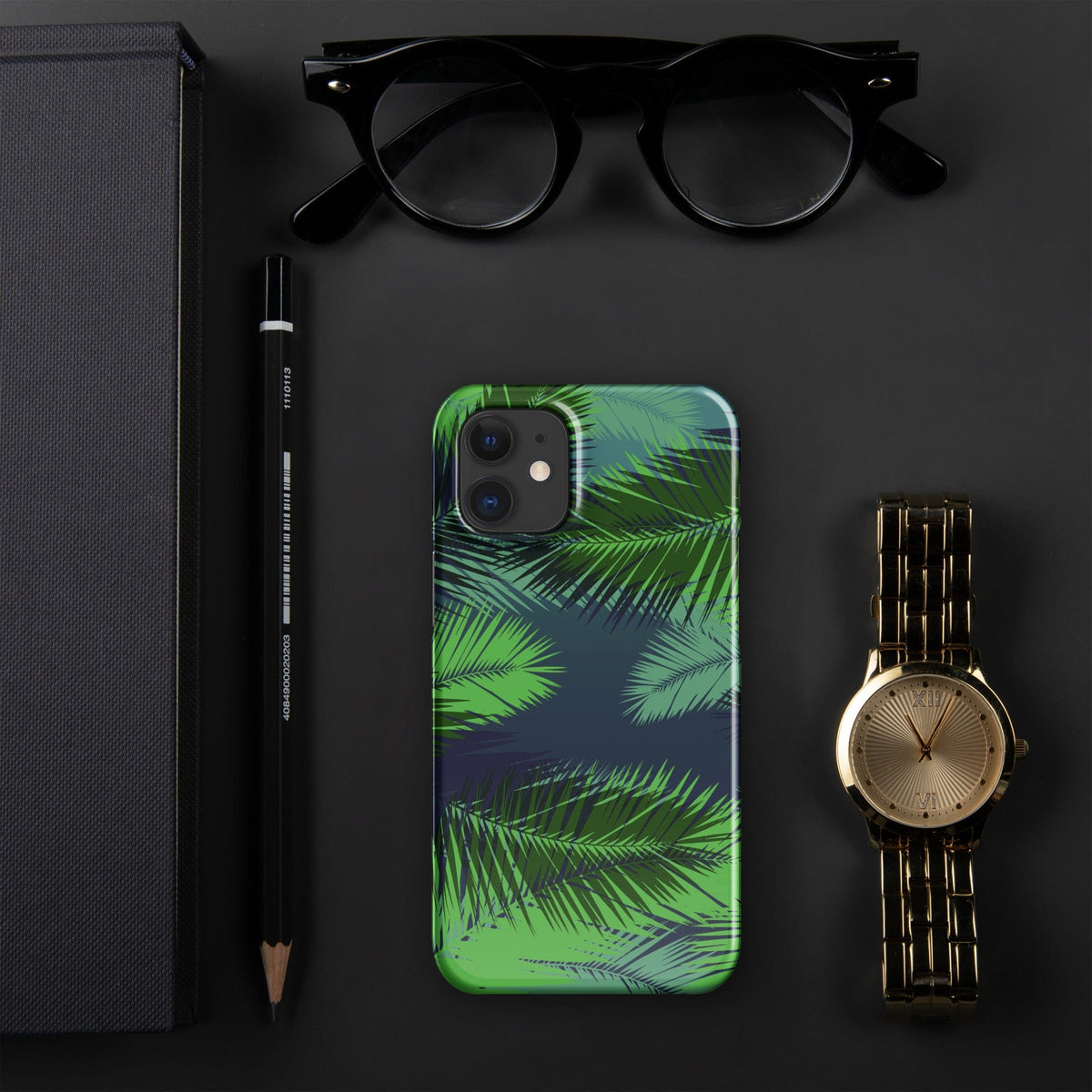 Palm leaf tropical iPhone snap case with green palm leaf design and rounded raised edges