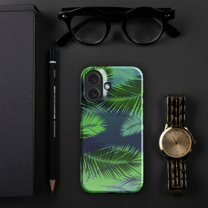 Palm leaf printed iPhone snap case, back with dual camera and flash cutout.