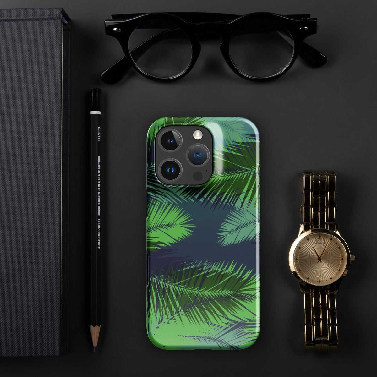 Palm-leaf tropical snap phone case for iPhone®, green leaf pattern with triple-camera cutout