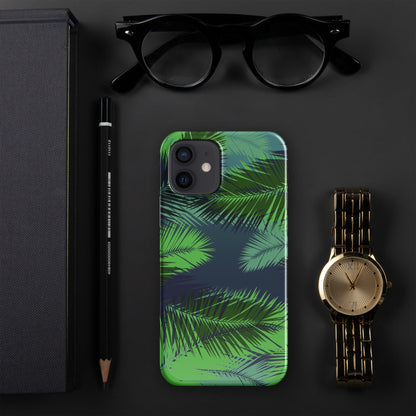 Palm leaf tropical iPhone snap case, back view with green palm leaves pattern and triple camera cutout