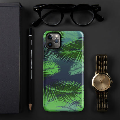 Palm leaf tropical iPhone snap case, back panel with green palm leaf print and camera openings