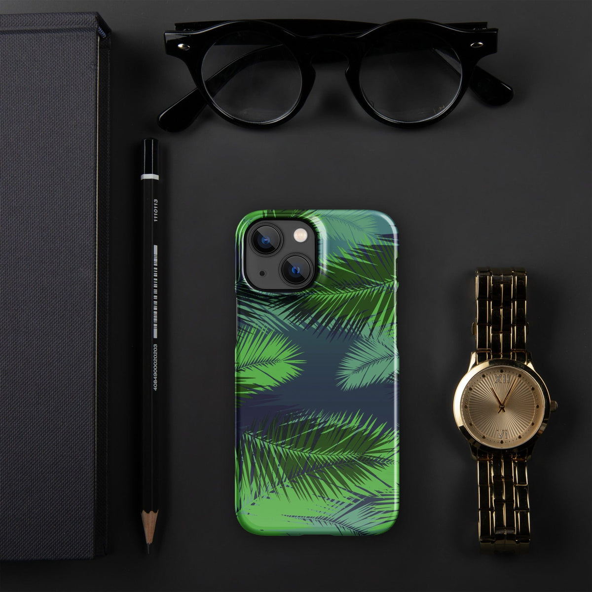 Palm leaf tropical iPhone snap case, back view with green palm leaf pattern and lens openings