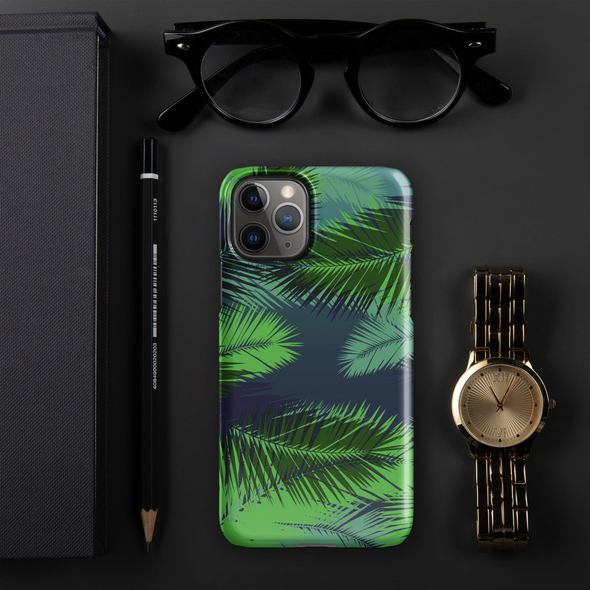Palm leaf tropical iPhone snap case with green palm leaf pattern and raised camera bezels
