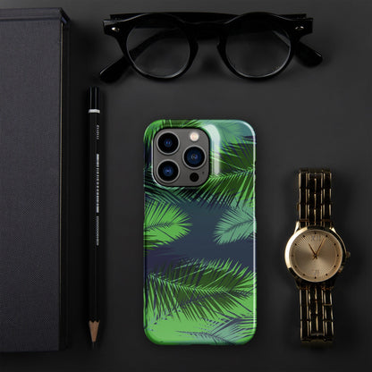Palm leaf tropical phone snap case, back with camera cutouts and flash window.