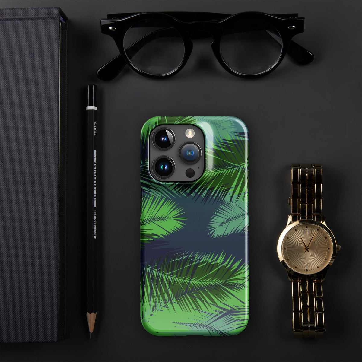 Palm leaf tropical iPhone snap case, back view with camera lenses and flash opening.
