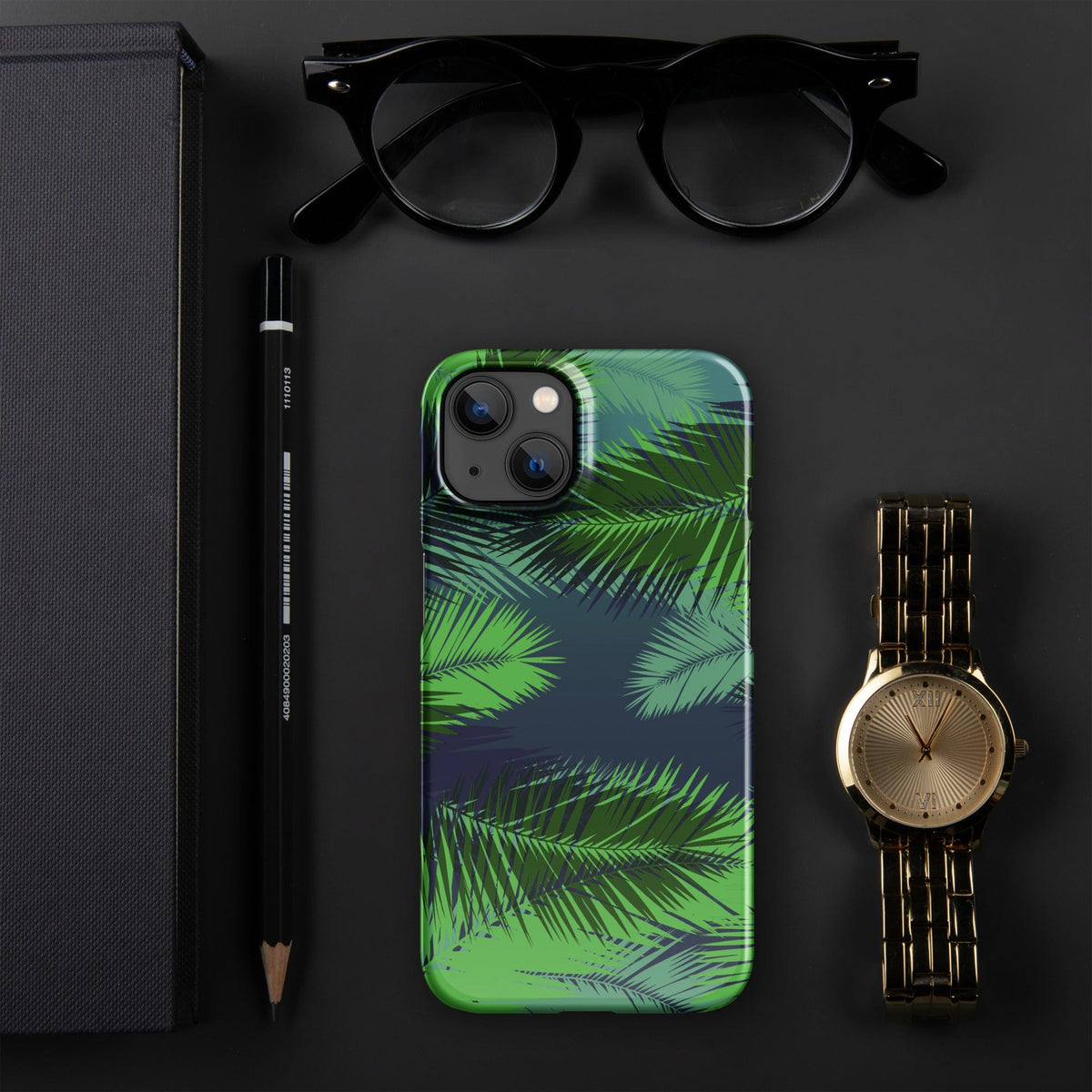 Palm leaf tropical iPhone snap case with green palm leaf design and camera bezels