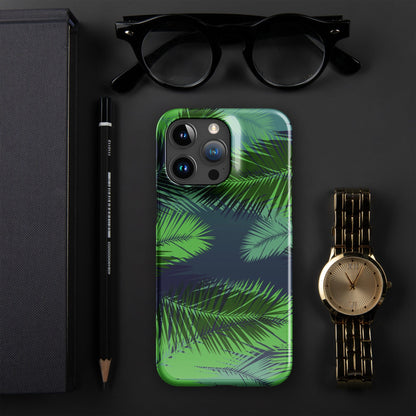 Palm leaves printed snap case for iPhone, glossy back with camera cutouts.