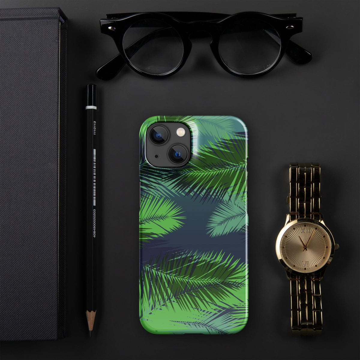 Palm leaf tropical snap case for iPhone, back view with raised camera lenses.