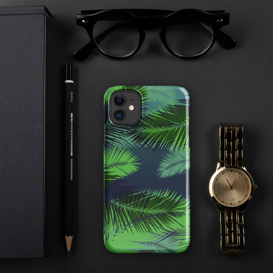 Palm leaf tropical iPhone snap case with green and blue leaf pattern