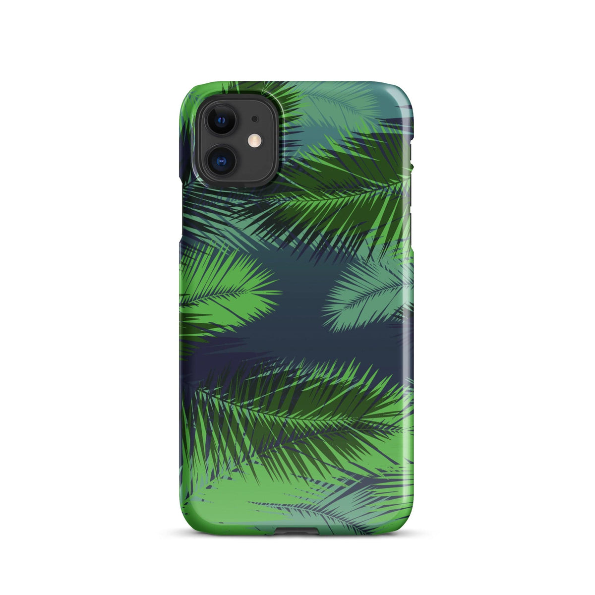 Palm leaf tropical iPhone snap case, centered front view with green and blue leaves