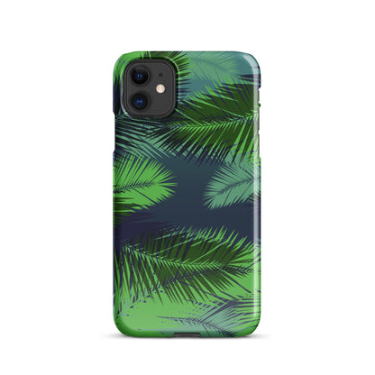 Palm leaf tropical iPhone snap case, centered front view with green and blue leaves
