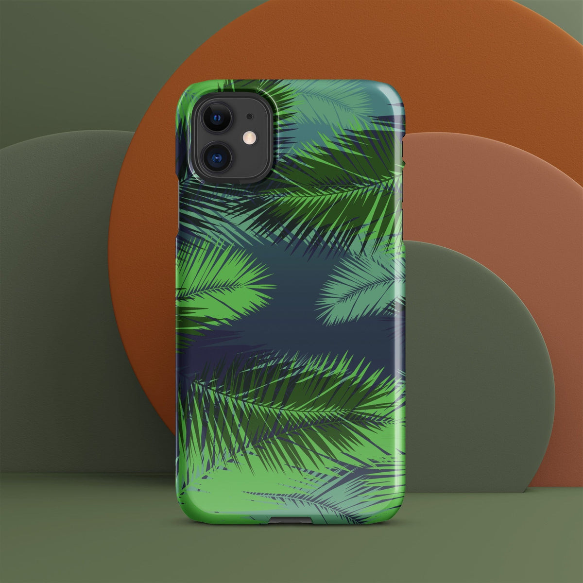 Palm leaf tropical iPhone snap case, vertical view with green palm leaves
