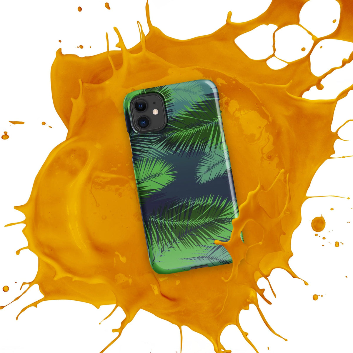 Palm leaf tropical iPhone snap case with splash effect, green palm leaf pattern