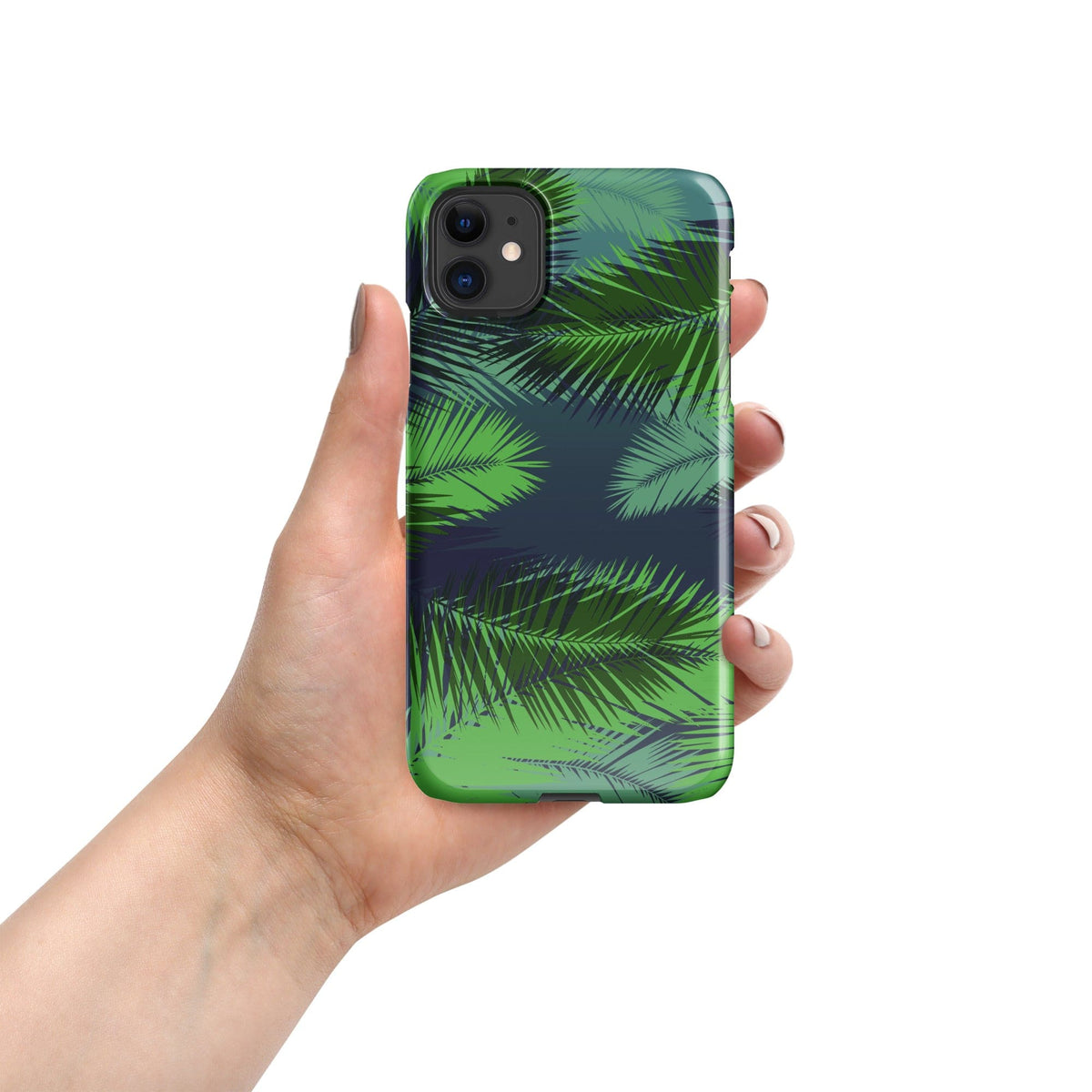 Palm leaf tropical iPhone snap case, back view with green palm leaf pattern and camera cutouts