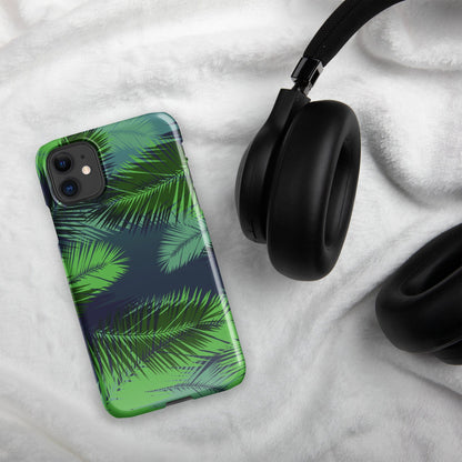 Palm leaf tropical iPhone snap case on white fabric, green and navy palm pattern