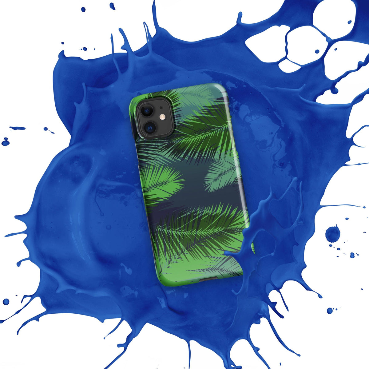 Palm leaf tropical iPhone snap case with blue splash, green palm leaf pattern