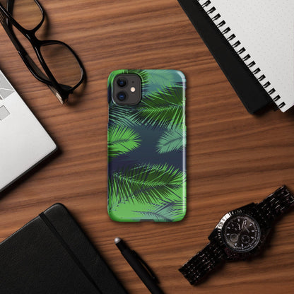 Palm leaf tropical iPhone snap case on wood, green palm leaf graphic