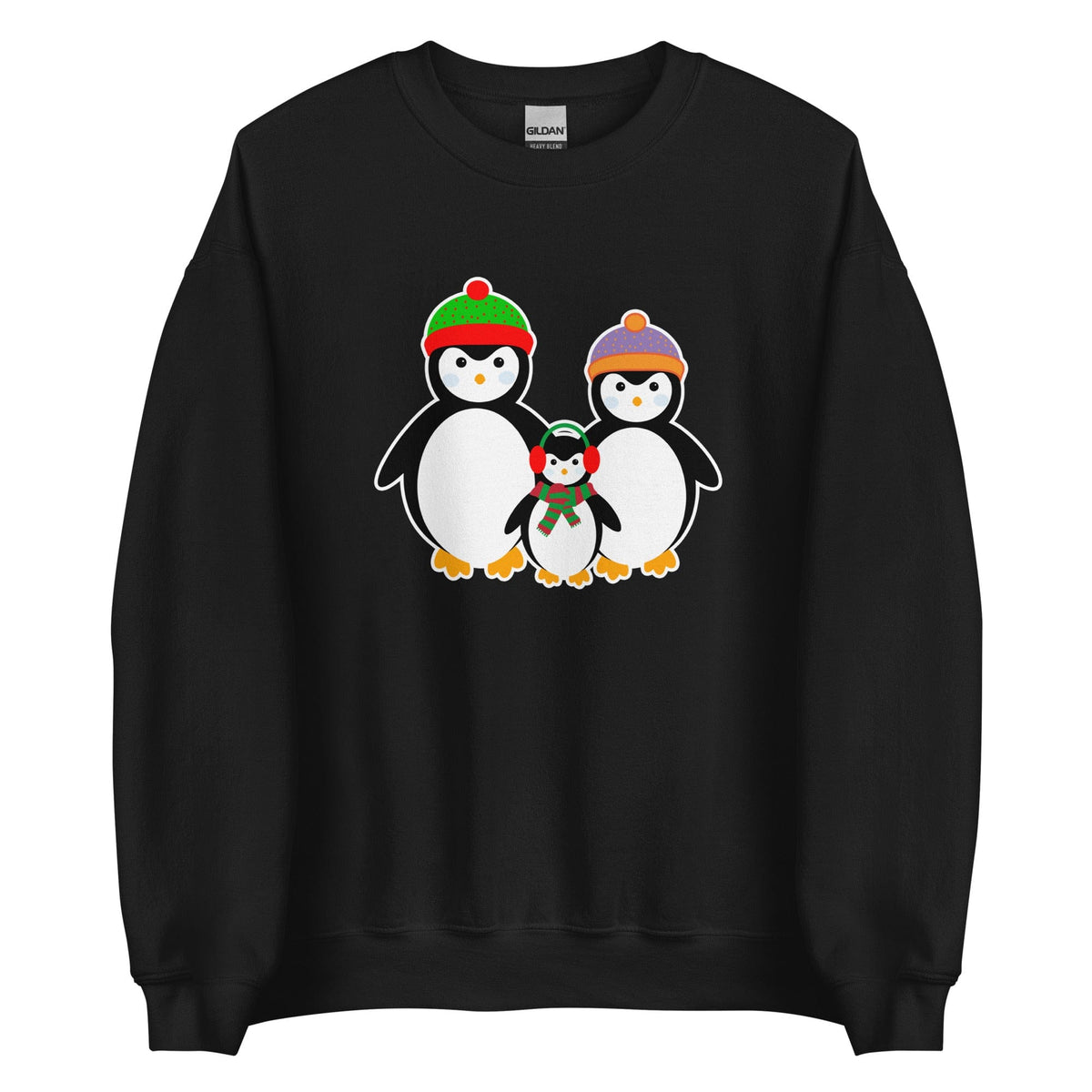 Black sweatshirt with penguin family graphic at center, crewneck long sleeves