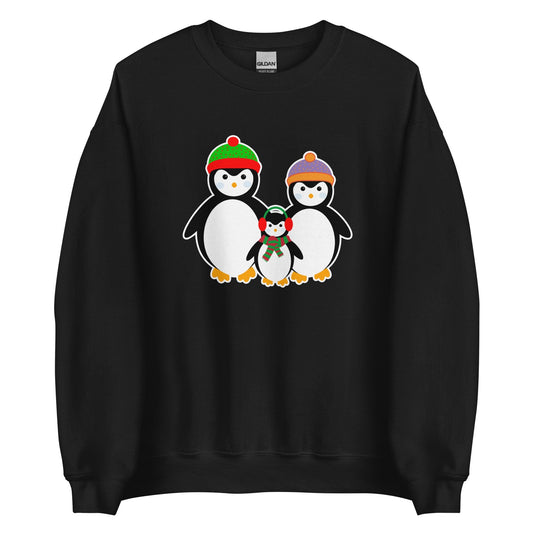 Black sweatshirt with penguin family graphic at center, crewneck long sleeves