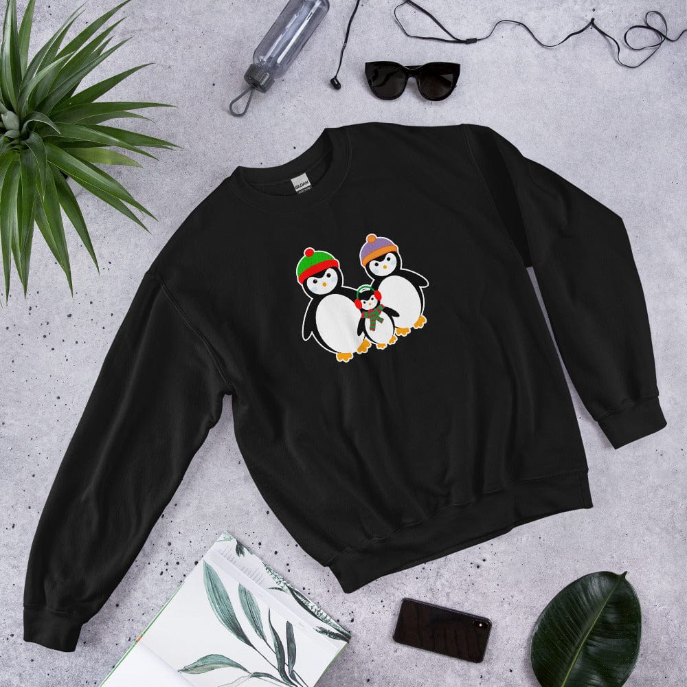 Black sweatshirt with penguin family graphic on the chest, crewneck long sleeves