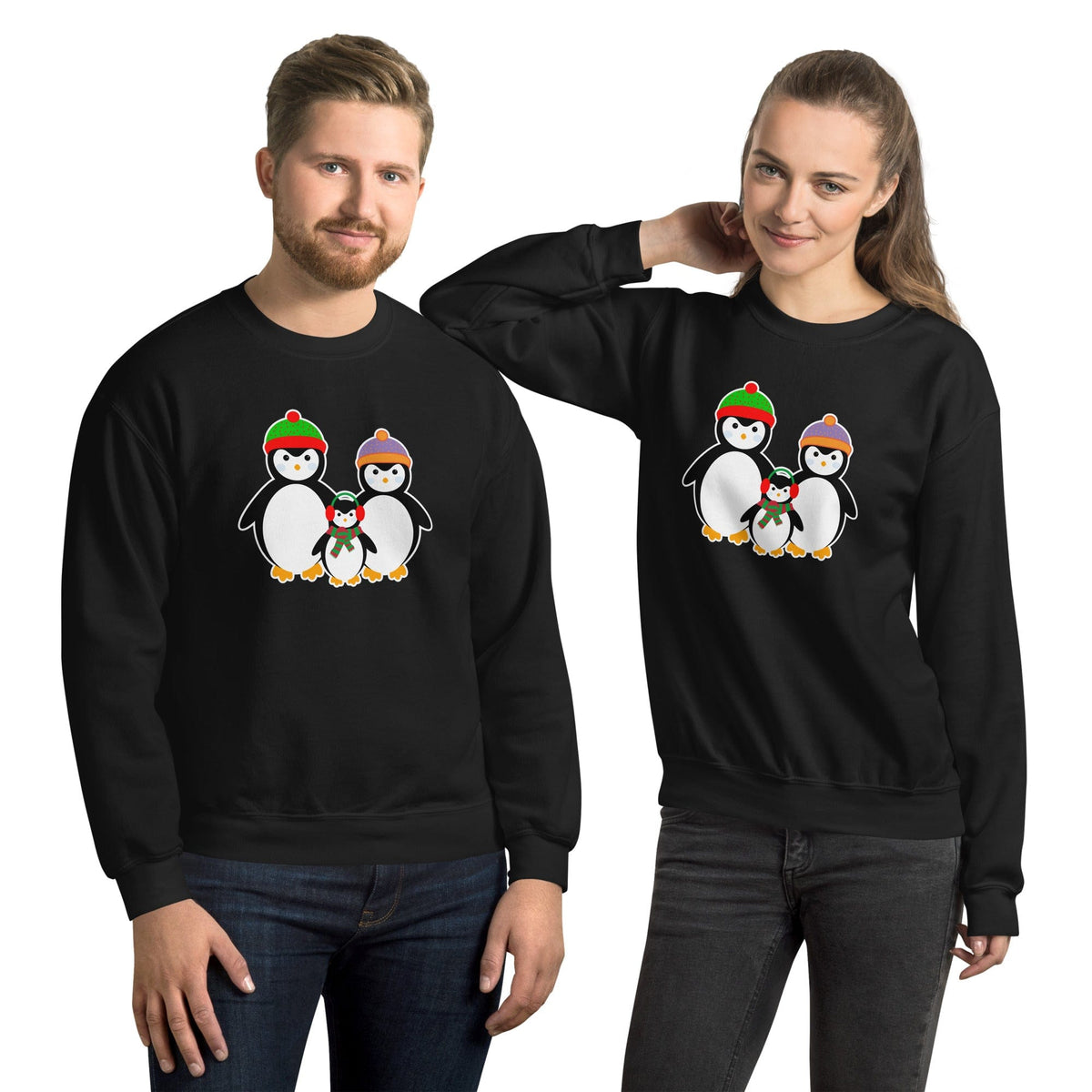 Black sweatshirt with penguin family graphic on the front, crewneck long sleeves