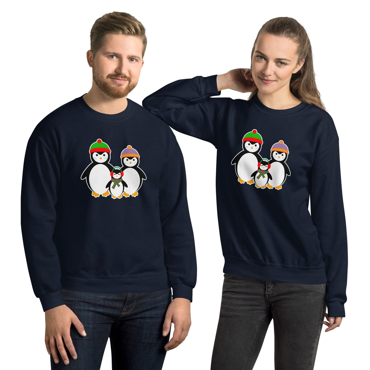 Navy sweatshirt with penguin family graphic on the front, crewneck long sleeves