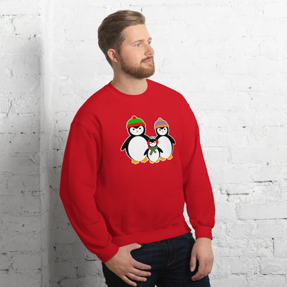 Red sweatshirt with penguin family graphic at center, crewneck long sleeves