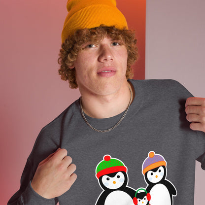 Dark gray sweatshirt with penguin family graphic on the chest, crewneck long sleeves