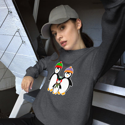 Dark gray sweatshirt with a penguin family graphic on the front chest.