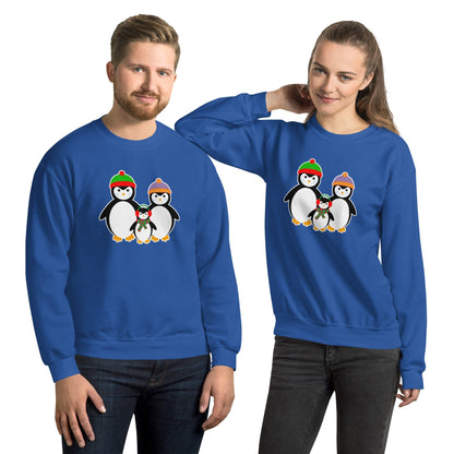 Blue sweatshirt with penguin family graphic on the front, crewneck long sleeves