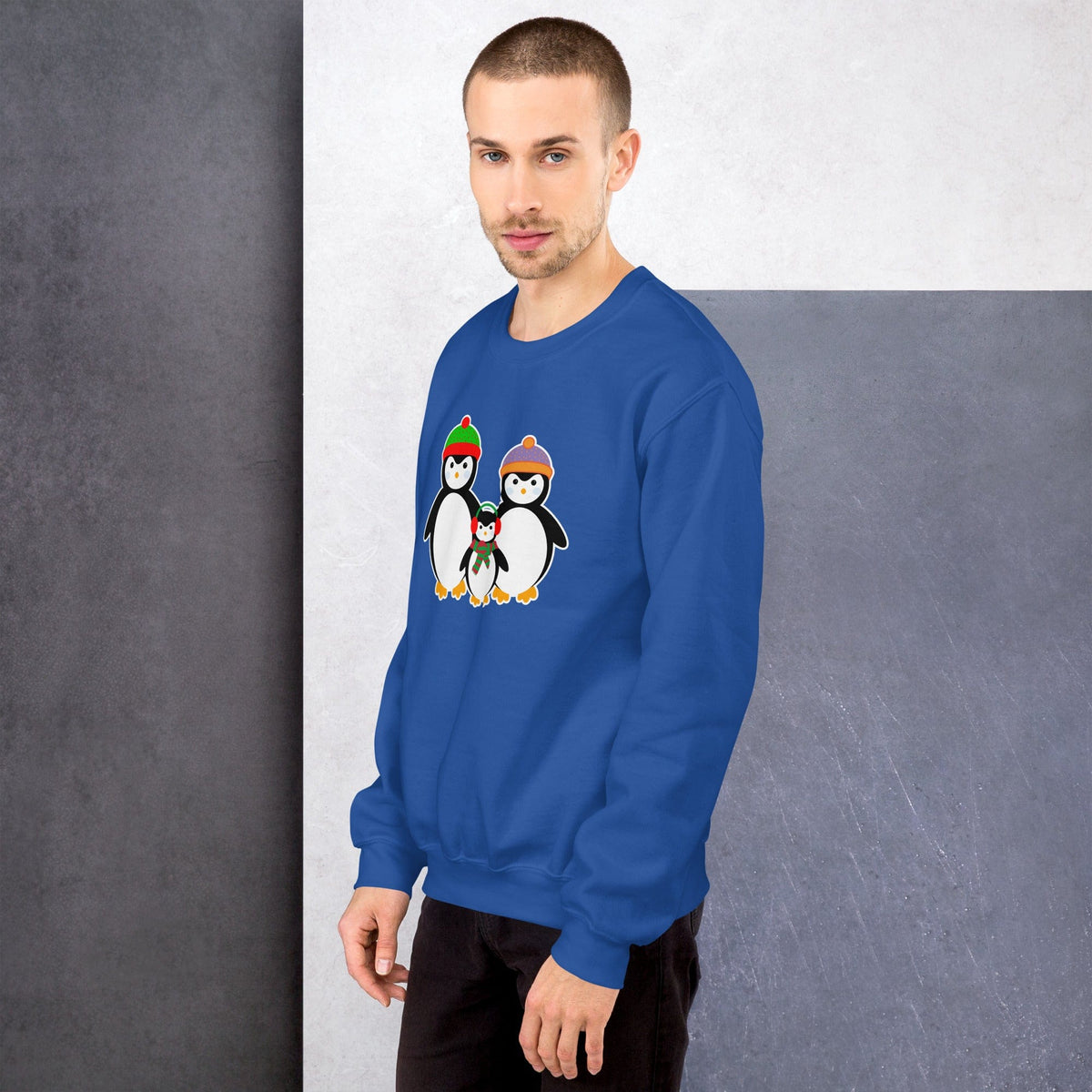 Blue sweatshirt on a model, featuring a penguin family graphic on the chest.