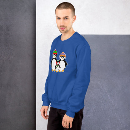 Blue sweatshirt on a model, featuring a penguin family graphic on the chest.