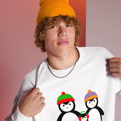 White sweatshirt with penguin family graphic on front.