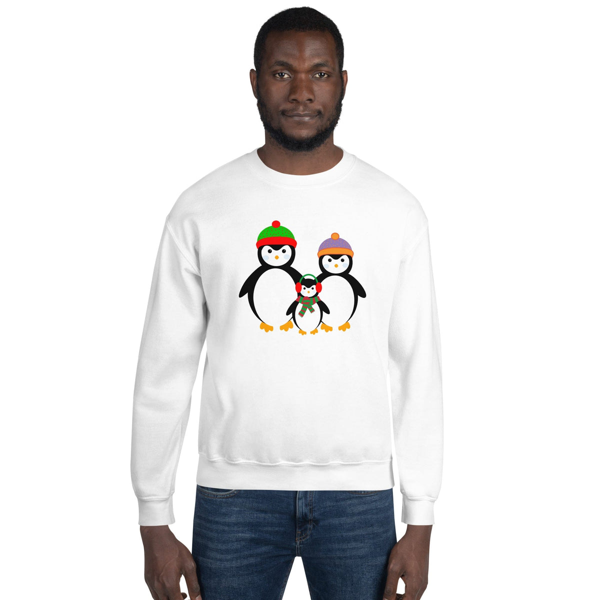 White sweatshirt with penguin family graphic at center, crewneck long sleeves