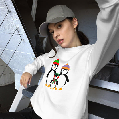 White sweatshirt with penguin family graphic on the chest, crewneck long sleeves