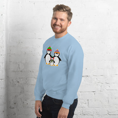 Light blue sweatshirt with penguin family graphic on front.