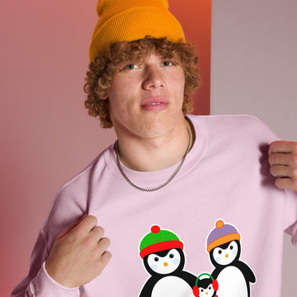 Light pink sweatshirt with a penguin family graphic on the chest.