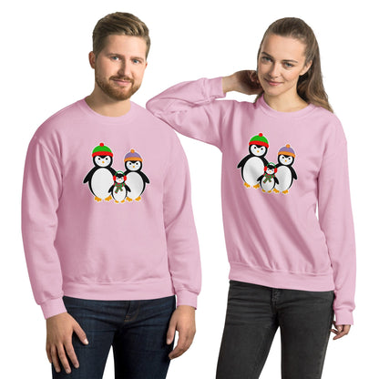Light pink sweatshirt with penguin family graphic on front.