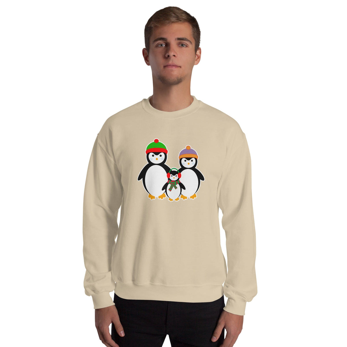 Sand-colored sweatshirt with penguin family graphic on front.