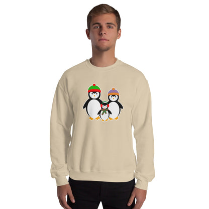 Sand-colored sweatshirt with penguin family graphic on front.